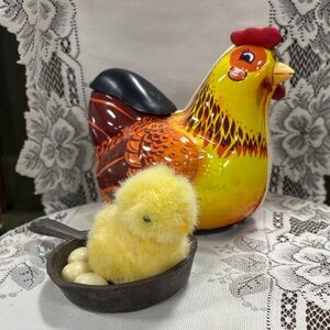 Vintage Easter Decor. Tin Hen, little chick, cast iron skillet and eggs